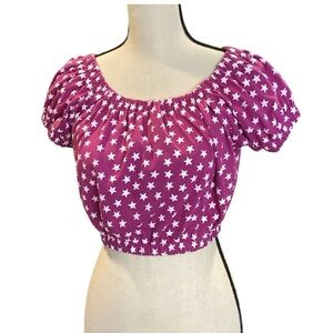 Y2K Great Directions Elastic Waist Purple Crop Top Puff Sleeve Stars, Medium‎